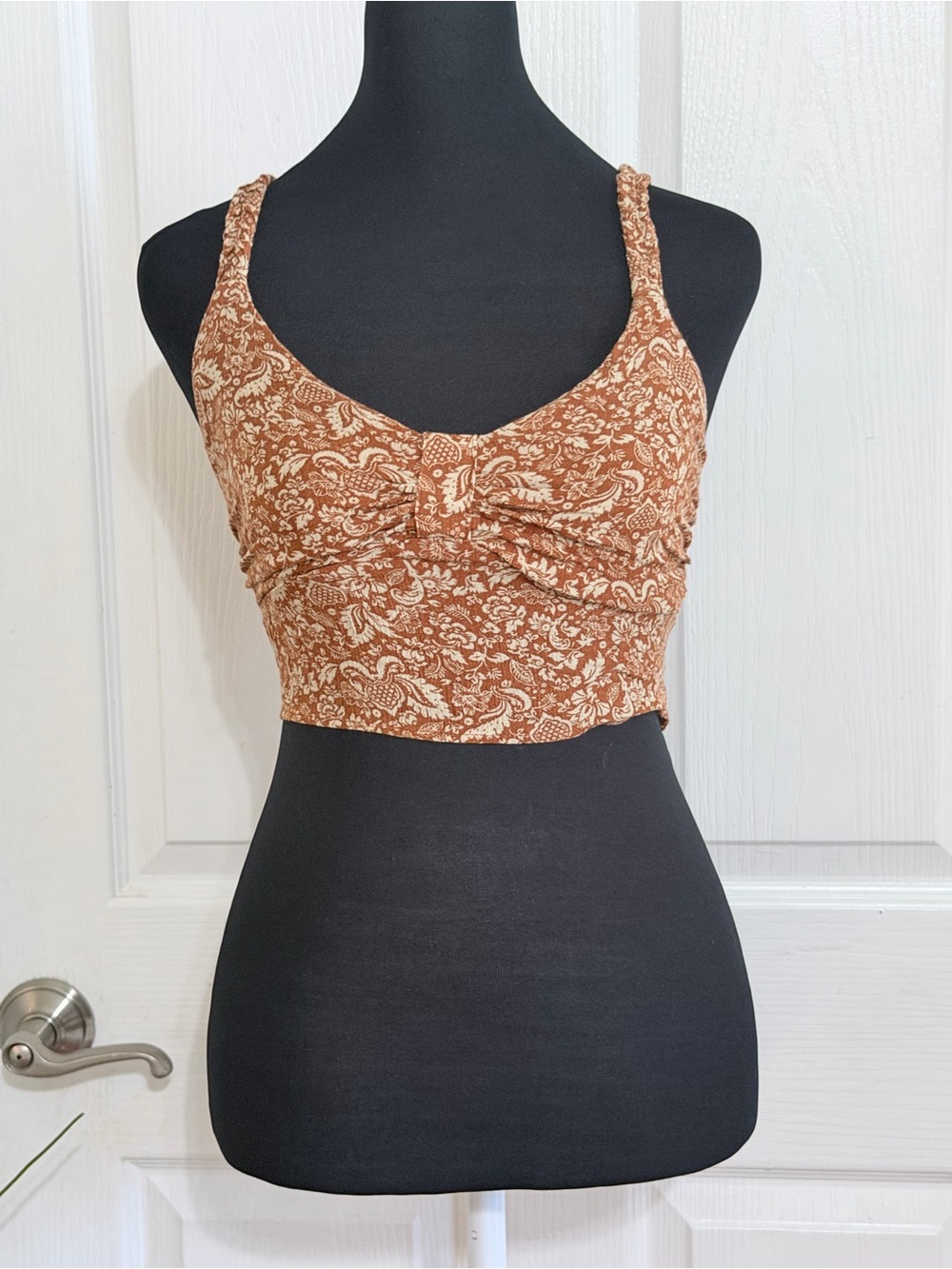 Paper Crane Brown Paisley Ruched Bustier Crop Top Smocked Back Boho Y2K